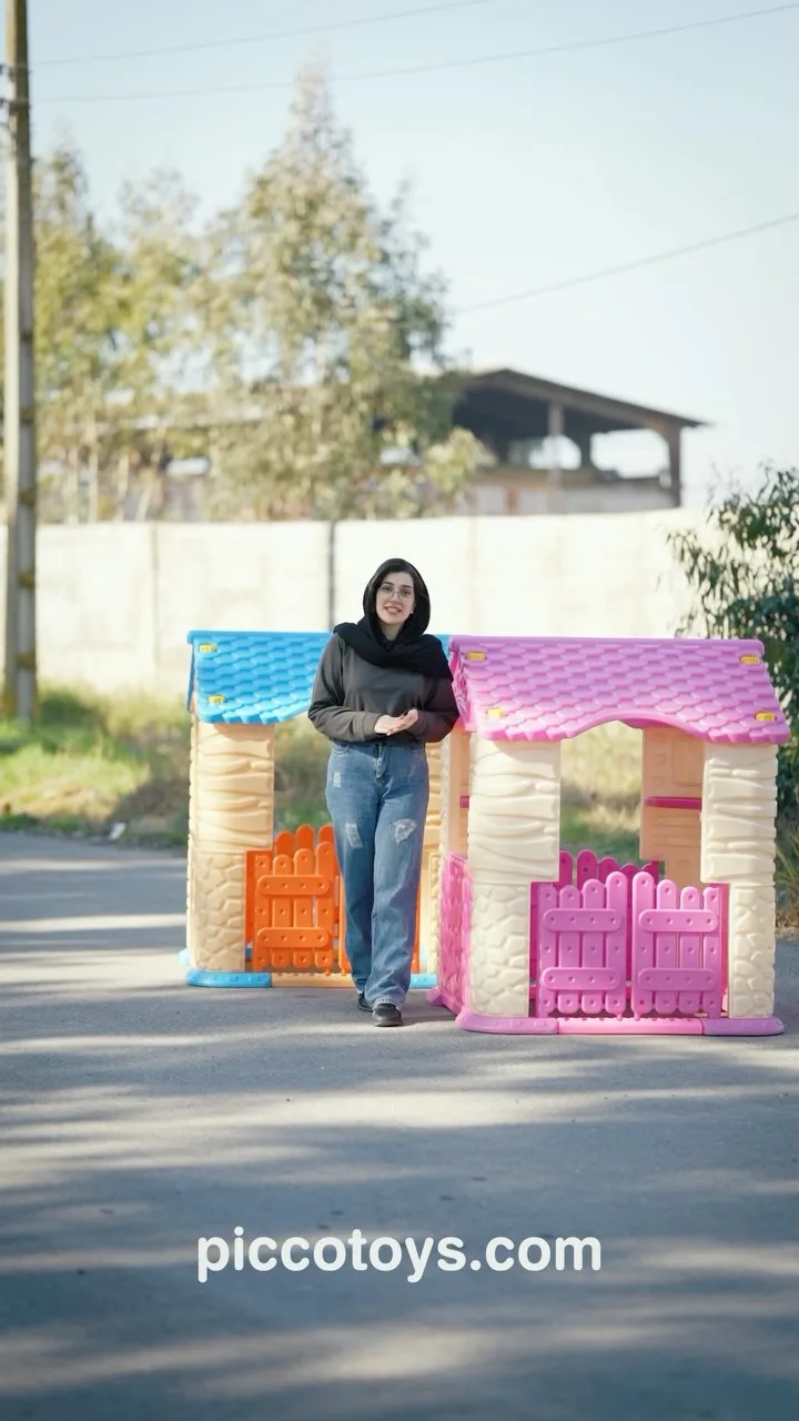 کلبه بازی کودک دیزنی، رنگ صورتی، آبی و کرم، جنس پلاستیک، خانه پلاستیکی بزرگ