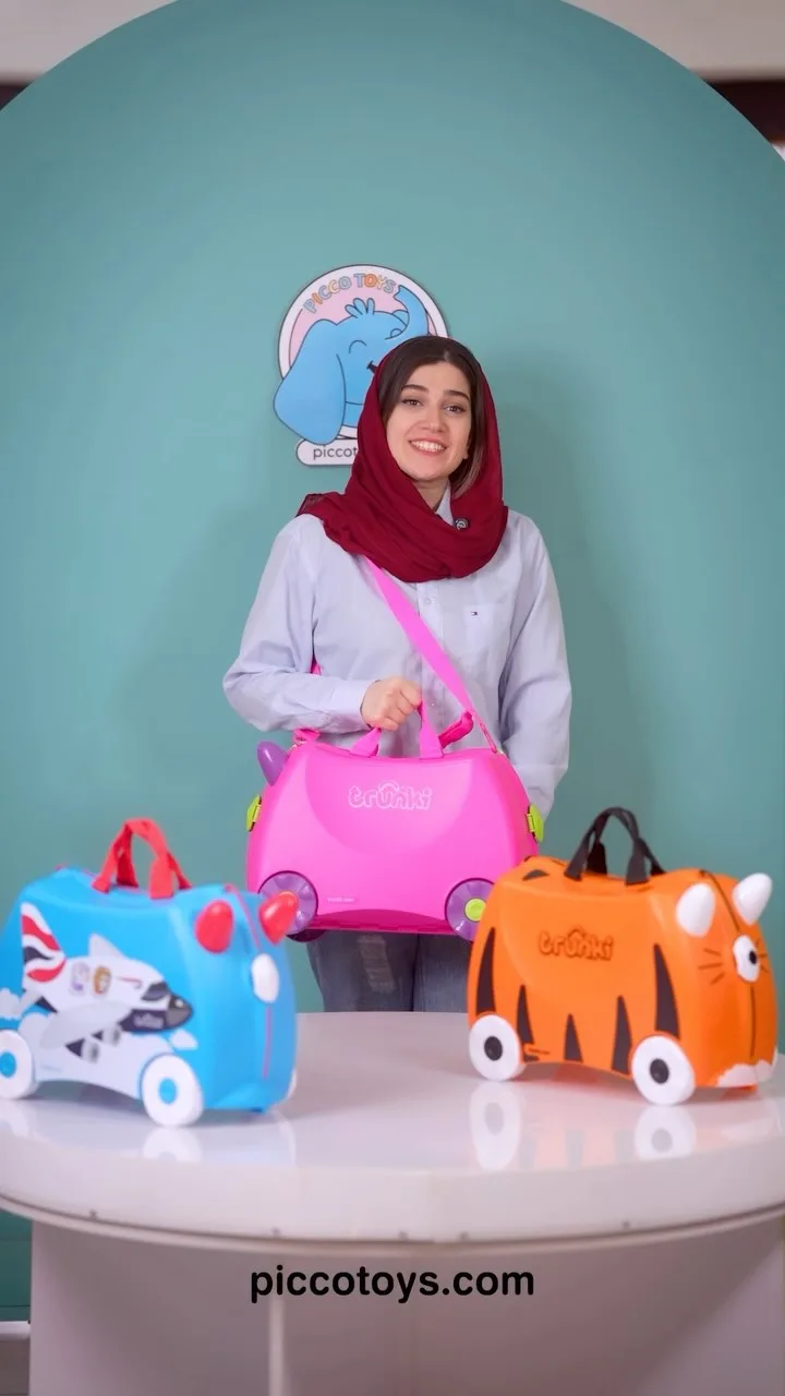 چمدان مسافرتی کودک، رنگ صورتی، آبی و نارنجی، جنس پلاستیک، چمدان اسباب‌بازی چرخ‌دار