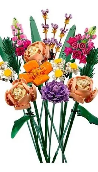 لگو دسته گل کد ۱۰۲۸۶، رنگ صورتی، نارنجی، بنفش و سبز، جنس پلاستیک، طرح گلدار، لگوی گل تزئینی