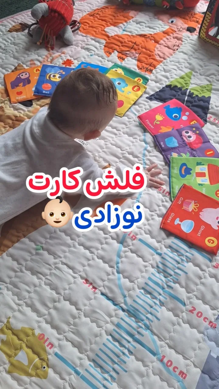 فلش‌کارت پارچه‌ای نوزاد، رنگ سفید، نارنجی و رنگارنگ، طرح طرح حیوانی، تشک بازی کودک