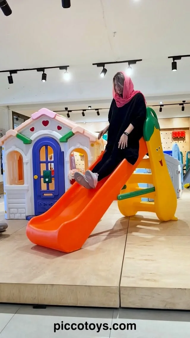 تاب و سرسره پلاستیکی کودک، رنگ نارنجی، زرد، سفید و آبی، سرسره با خانه