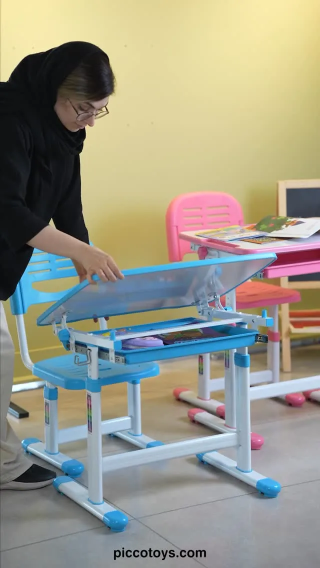 میز تحریر کودک، رنگ آبی و سفید، جنس پلاستیک و فلز، تاشو، ارتفاع قابل تنظیم