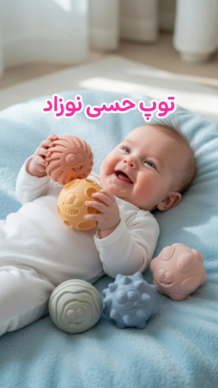 توپ حسی نوزاد ۶ عددی، رنگ کرم، خاکستری و صورتی، جنس پلاستیک، مجموعه توپ حسی