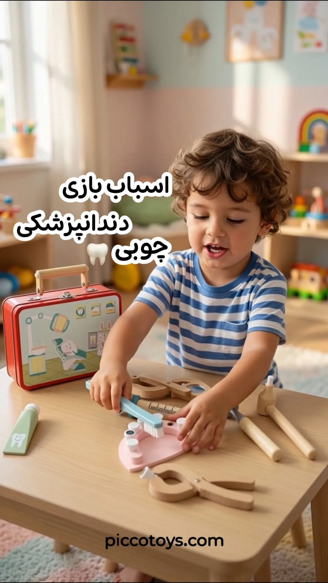 ست دندانپزشکی چوبی با کیف فلزی پیکاردو، رنگ سفید، آبی و کرم، جنس پلاستیک و پارچه، ست اسباب‌بازی