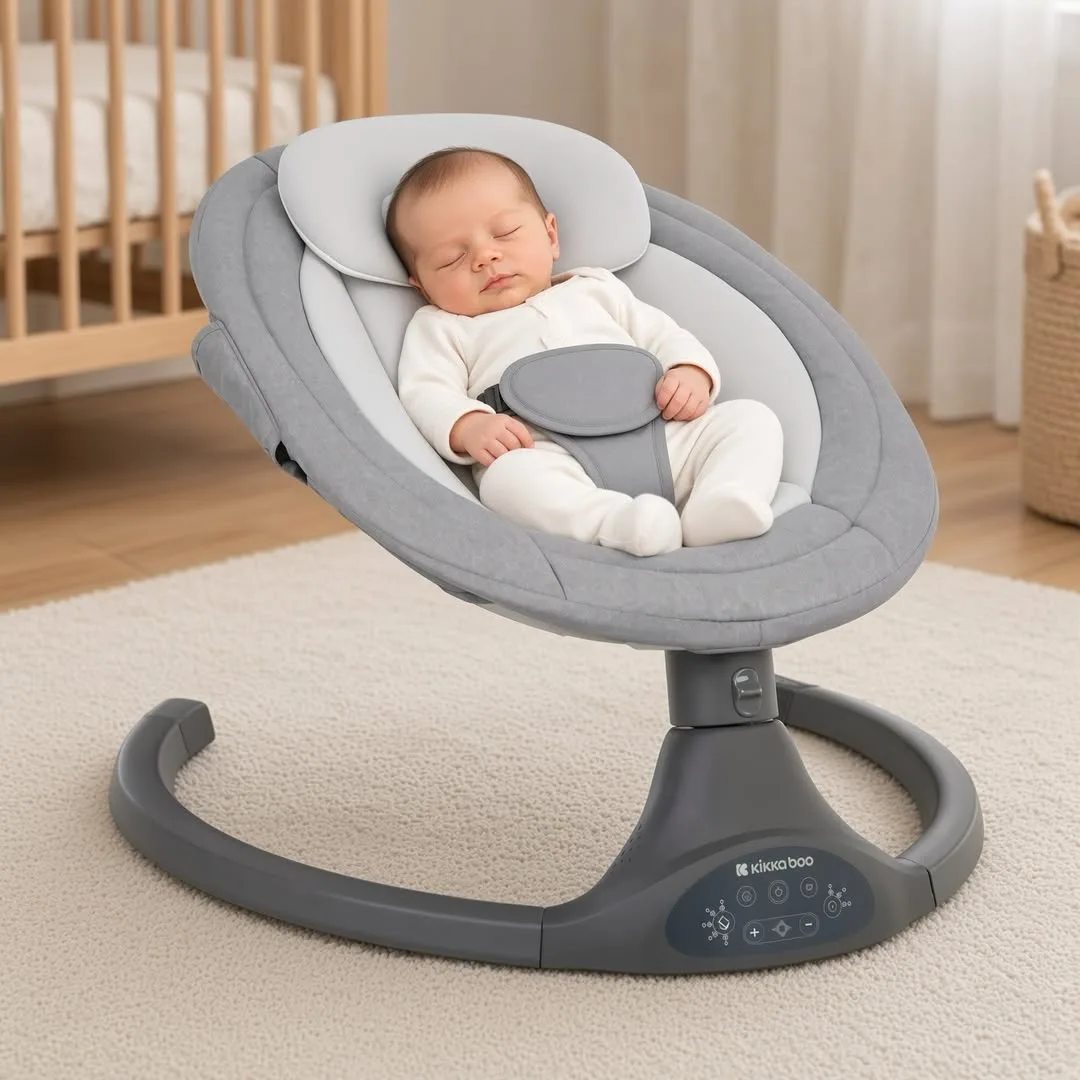 گهواره برقی نی‌نی لای‌لای کیکابو، رنگ خاکستری و سفید، جنس پارچه و پلاستیک، صندلی گهواره‌ای