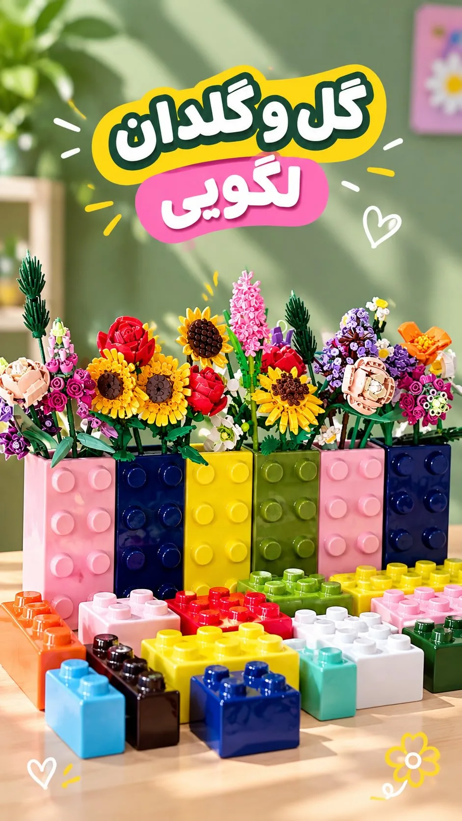 گلدان و گل لگویی، رنگ چندرنگ، جنس پلاستیک، طرح گلدار، ساختنی، تزئینی