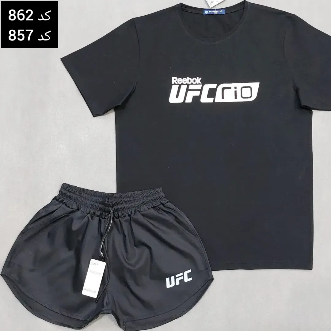 ست تیشرت و شلوارک UFC، رنگ مشکی، کوتاه، یقه گرد، آستین کوتاه