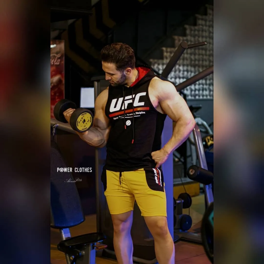 ست رکابی و شلوارک ورزشی UFC، رنگ مشکی، قرمز و زرد، رکابی و شلوارک کوتاه