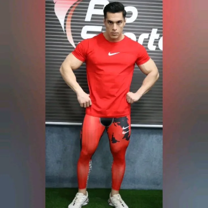 لگ ورزشی مردانه، رنگ قرمز و مشکی، تیشرت آستین کوتاه، لگینگ جذب