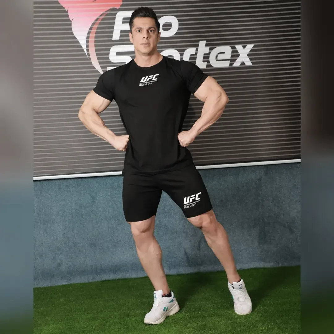 ست تیشرت و شلوارک ورزشی UFC، رنگ مشکی، تیشرت آستین کوتاه، شلوارک کوتاه