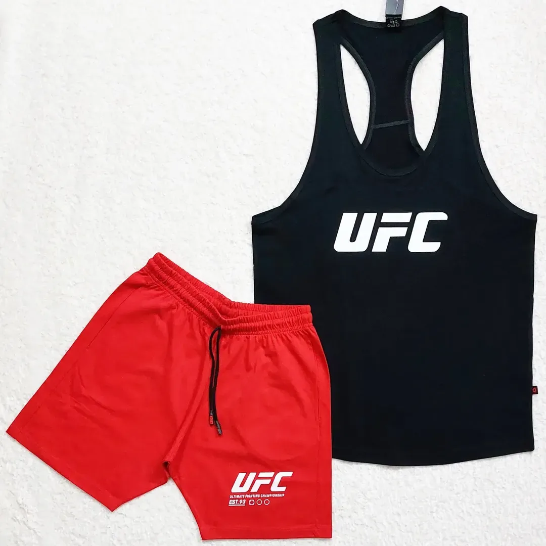 ست رکابی و شلوارک ورزشی مردانه UFC، رنگ مشکی، قرمز و سفید، رکابی و شلوارک کوتاه