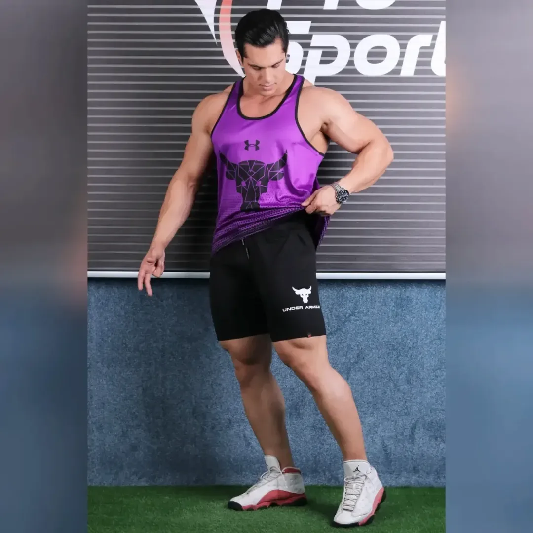 رکابی ورزشی مردانه Under Armour، رنگ بنفش، سیاه و سفید، رکابی و شلوارک