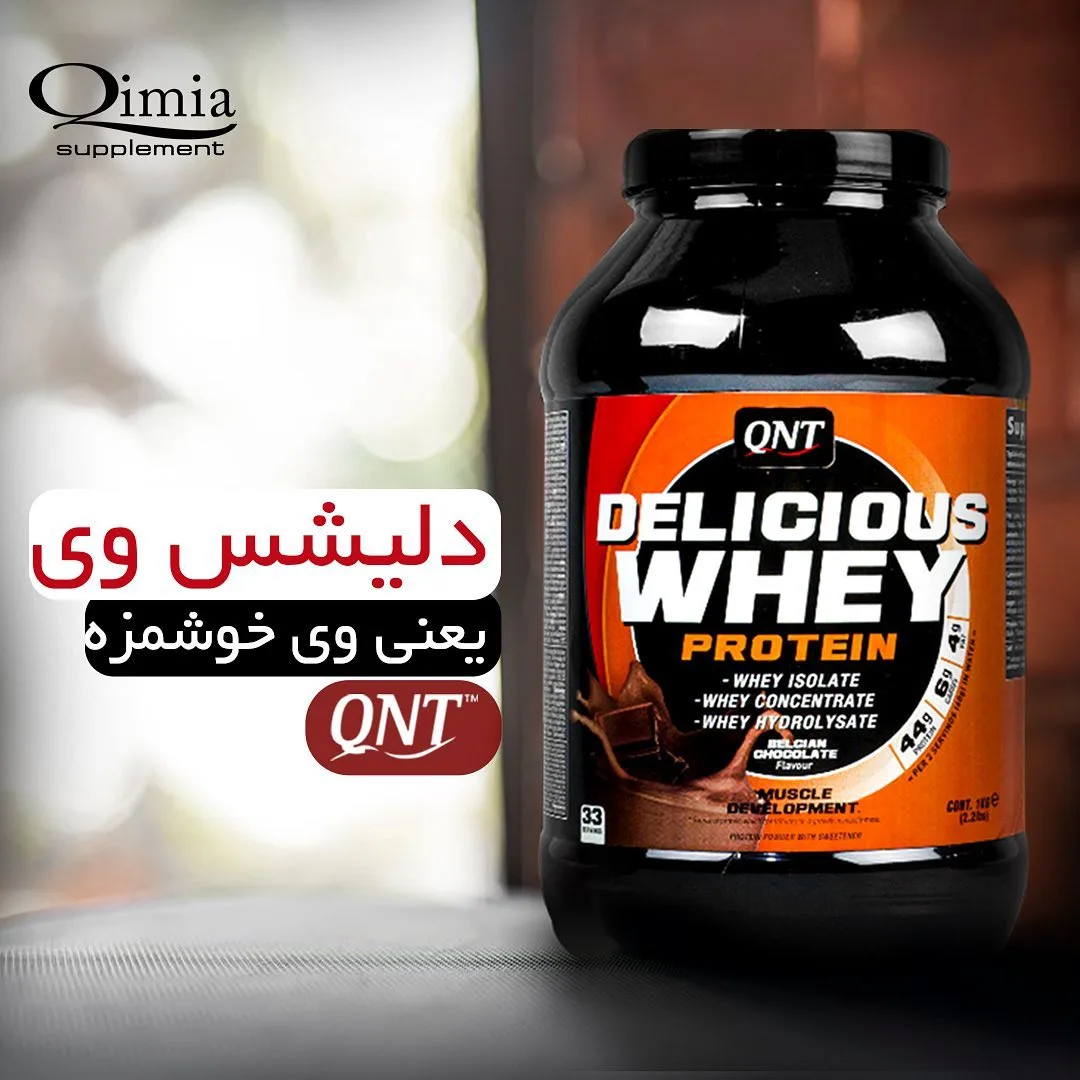 پروتئین وی دلیشس QNT، رنگ مشکی و نارنجی، جنس پلاستیک، ظرف پودر