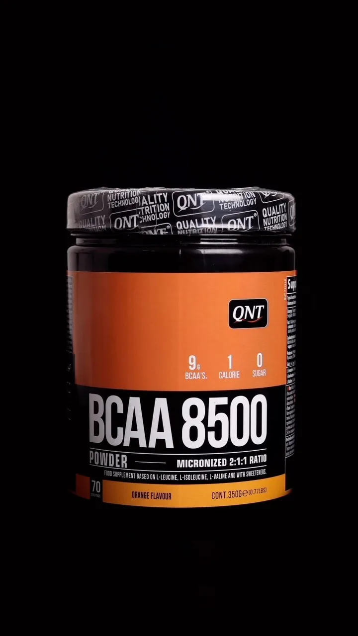 مکمل BCAA 8500 QNT، رنگ نارنجی و مشکی، جنس پلاستیک، ظرف پودر