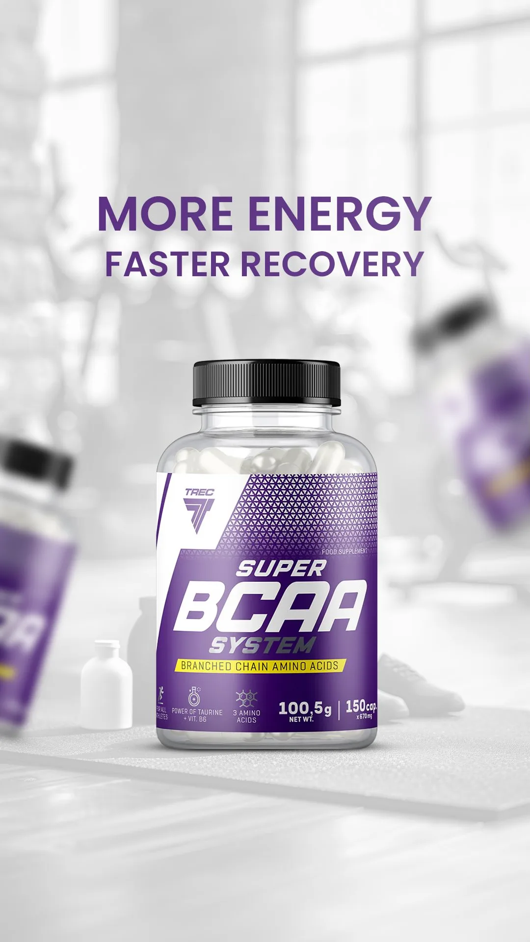 مکمل سوپر BCAA TREC، رنگ بنفش و سفید، جنس پلاستیک، ظرف پلاستیکی