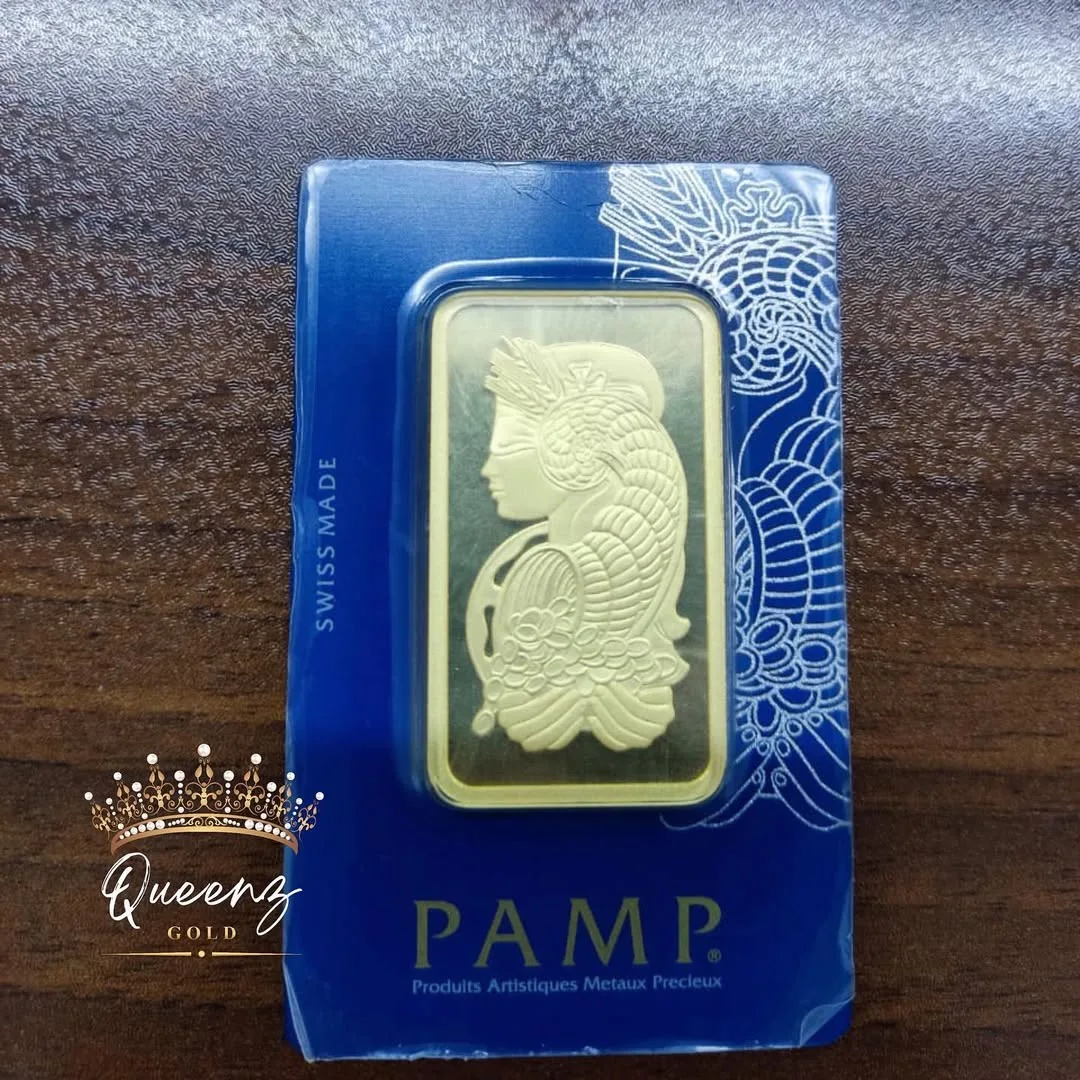 شمش طلا ۲۴ عیار ۱۰۰ گرمی PAMP، رنگ طلایی، مستطیلی