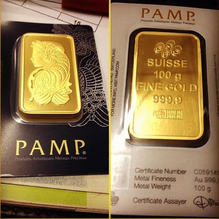 شمش طلا PAMP، رنگ طلایی، مستطیلی