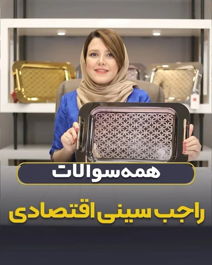 سینی اقتصادی، رنگ نقره‌ای و مشکی، جنس پلاستیک، طرح طرح و نقش، مستطیلی دسته دار