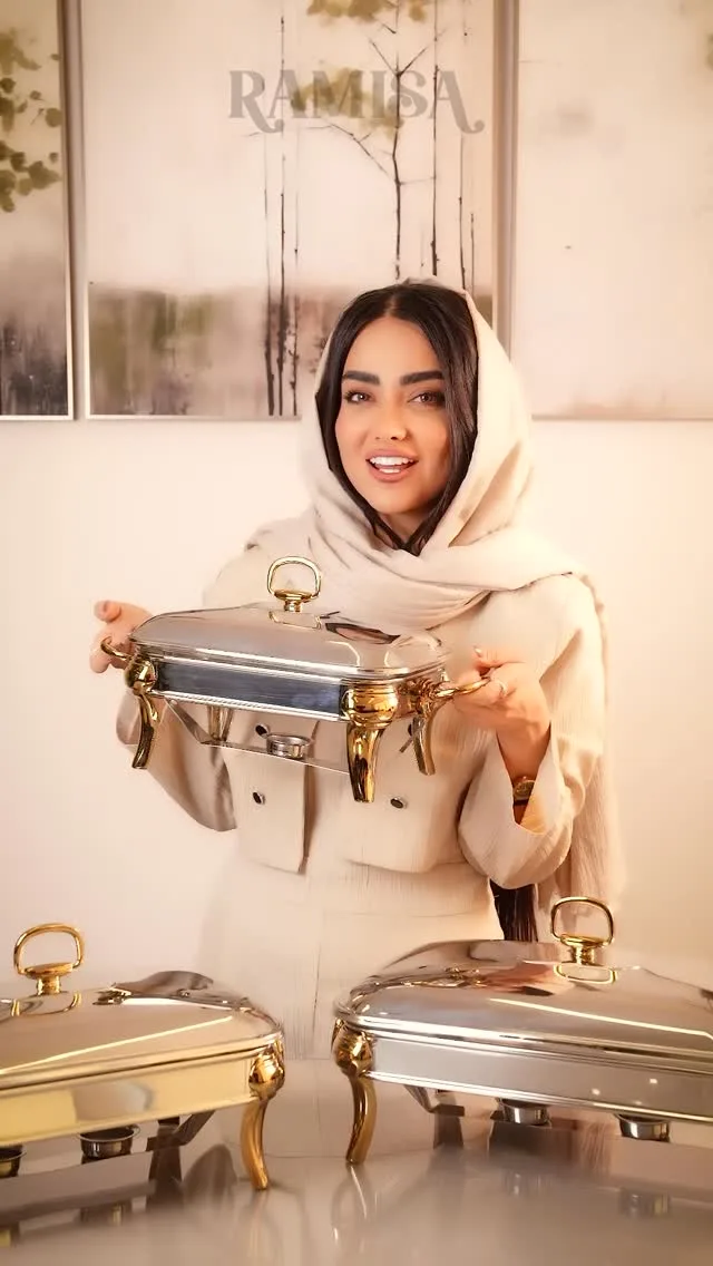 سوفله‌خوری کالکشن روما رامیسا، رنگ کرم، طلایی و نقره‌ای، جنس استیل، مستطیلی پایه‌دار