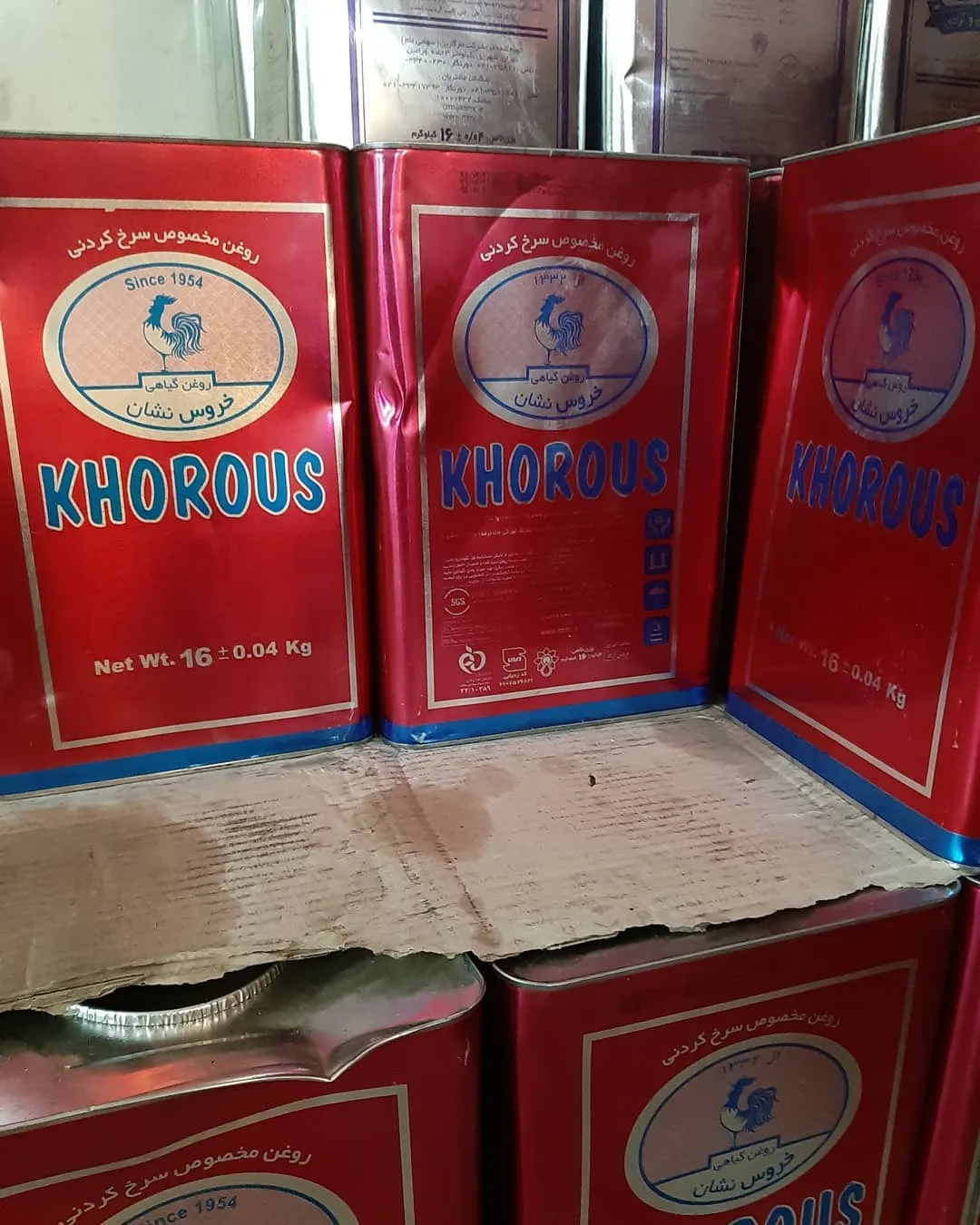 روغن سرخ کردنی خروس نشان، رنگ قرمز و آبی، جنس فلز، حلب مستطیلی