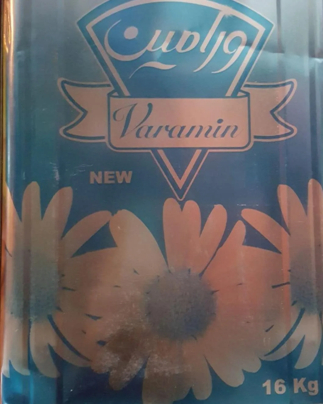 روغن جامد ورامین، رنگ آبی، زرد و سفید، جنس فلز، طرح گلدار، قوطی فلزی مستطیلی
