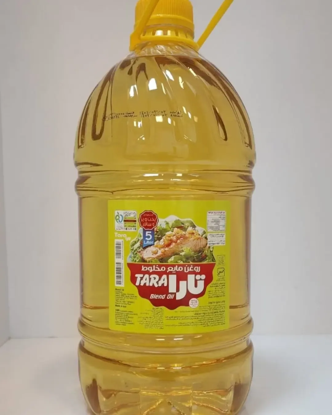 روغن مایع مخلوط ۵ لیتری تارا، رنگ زرد، جنس پلاستیک، بطری