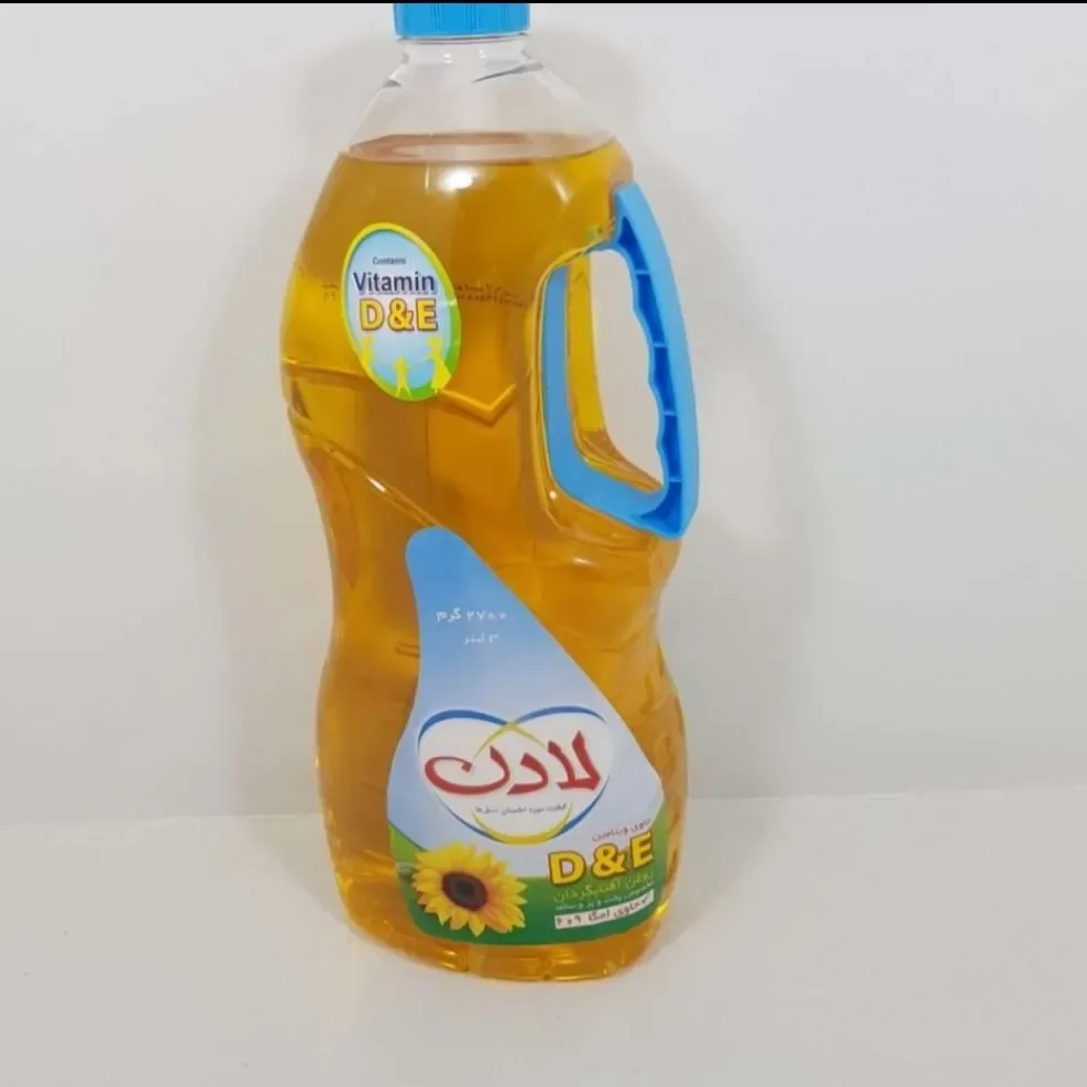 روغن آفتابگردان ۳ لیتری لادن، رنگ زرد و آبی، جنس پلاستیک، بطری دسته‌دار