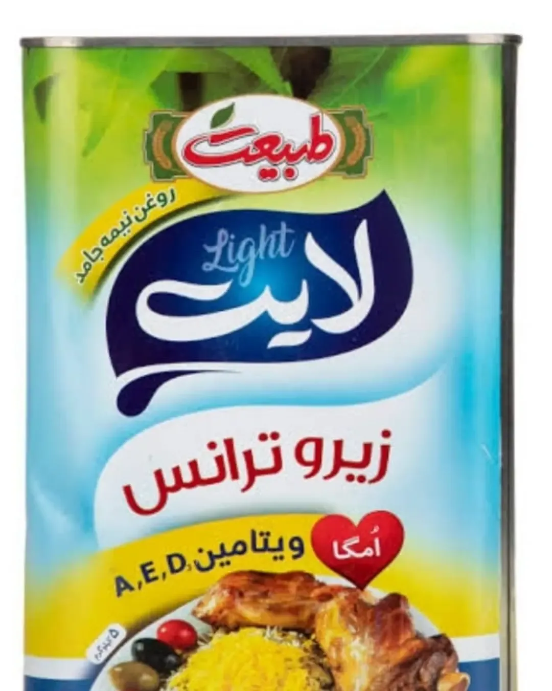روغن جامد ۵ کیلویی لایت زیرو ترانس طبیعت، رنگ زرد، آبی و سبز، جنس فلز، قوطی استوانه‌ای