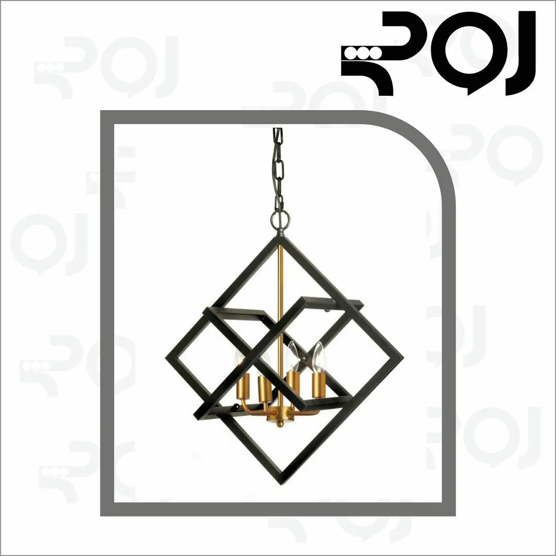 لوستر آویز فلزی ۴۰×۴۰، رنگ مشکی و طلایی، قفسی هندسی