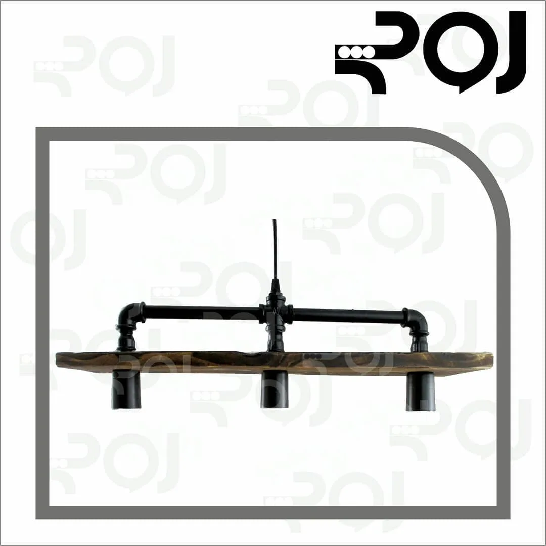 آویز ۳ شعله چوب RJ-LW 603، رنگ مشکی و قهوه‌ای، جنس فلز، آویز سقفی چوبی