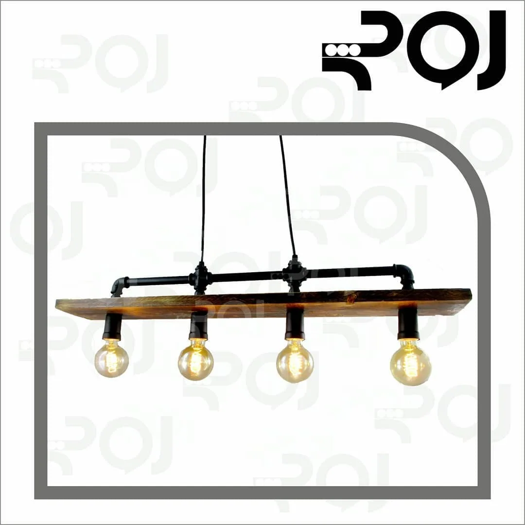 آویز ۴ شعله چوب RJ-LW 604، رنگ مشکی و قهوه‌ای، جنس فلز، آویز سقفی چوبی
