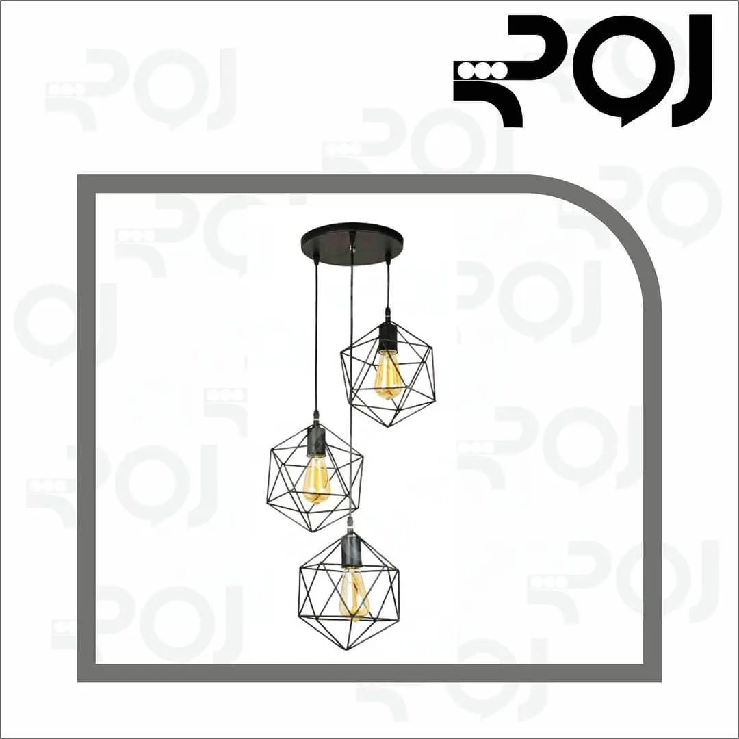 آویز فلزی چند وجهی کوچک سه شعله، رنگ مشکی، طرح هندسی، آویز سه شعله هندسی