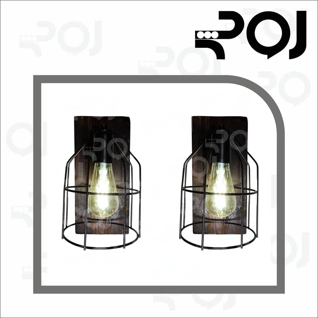 چراغ دیواری چوب تور تک شعله، رنگ مشکی و قهوه‌ای، جنس فلز و شیشه، دیواری قفسی دو عددی