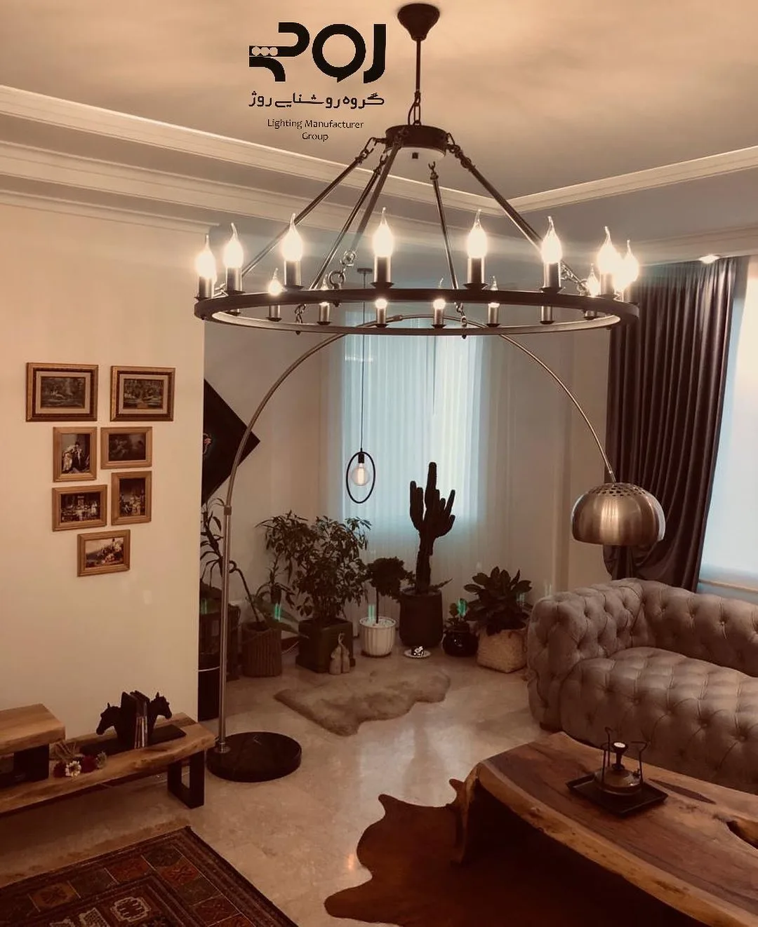 لوستر آویز داموس شمعی قطر ۱۰۰، رنگ سیاه و خاکستری، جنس فلز و پارچه، لوستر آویز بزرگ