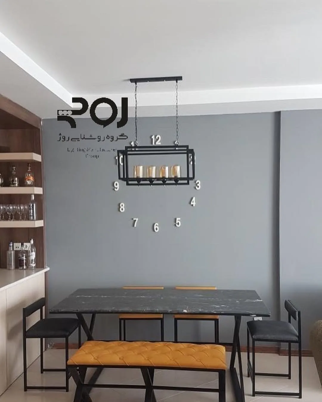 لوستر کانتری ۴ شعله گلس طول ۷۰، رنگ مشکی، جنس فلز، مستطیلی، مدرن