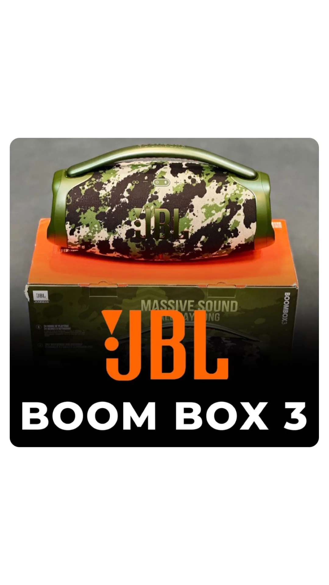 اسپیکر شارژی JBL Boombox 3 جی بی ال، رنگ سبز، مشکی و سفید، جنس پلاستیک، استوانه‌ای دسته‌دار