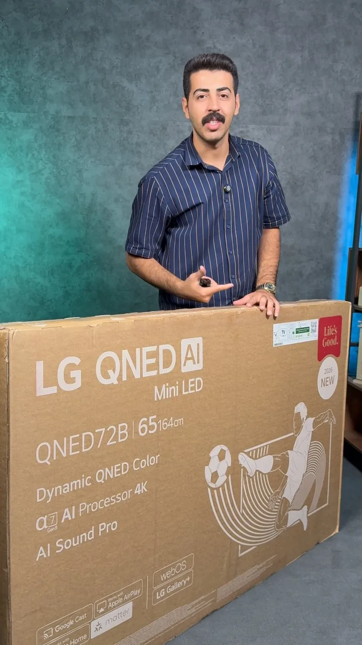 تلویزیون QNED72B مدل ۲۰۲۶ ال‌جی، رنگ قهوه‌ای و سفید، جنس مقوا، کارتن بسته‌بندی