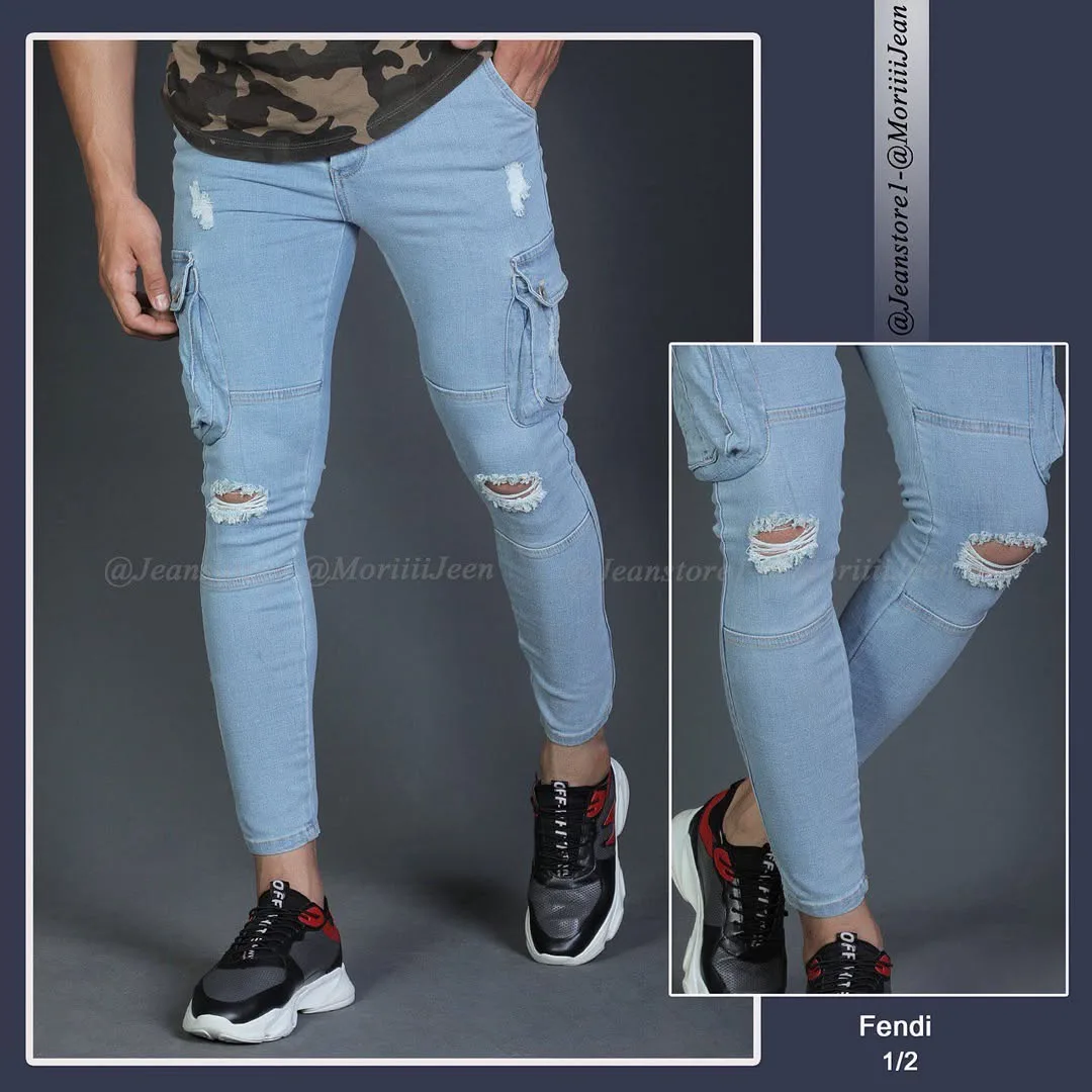 شلوار شیش جیب، رنگ آبی روشن، جنس جین، جذب، جیبدار