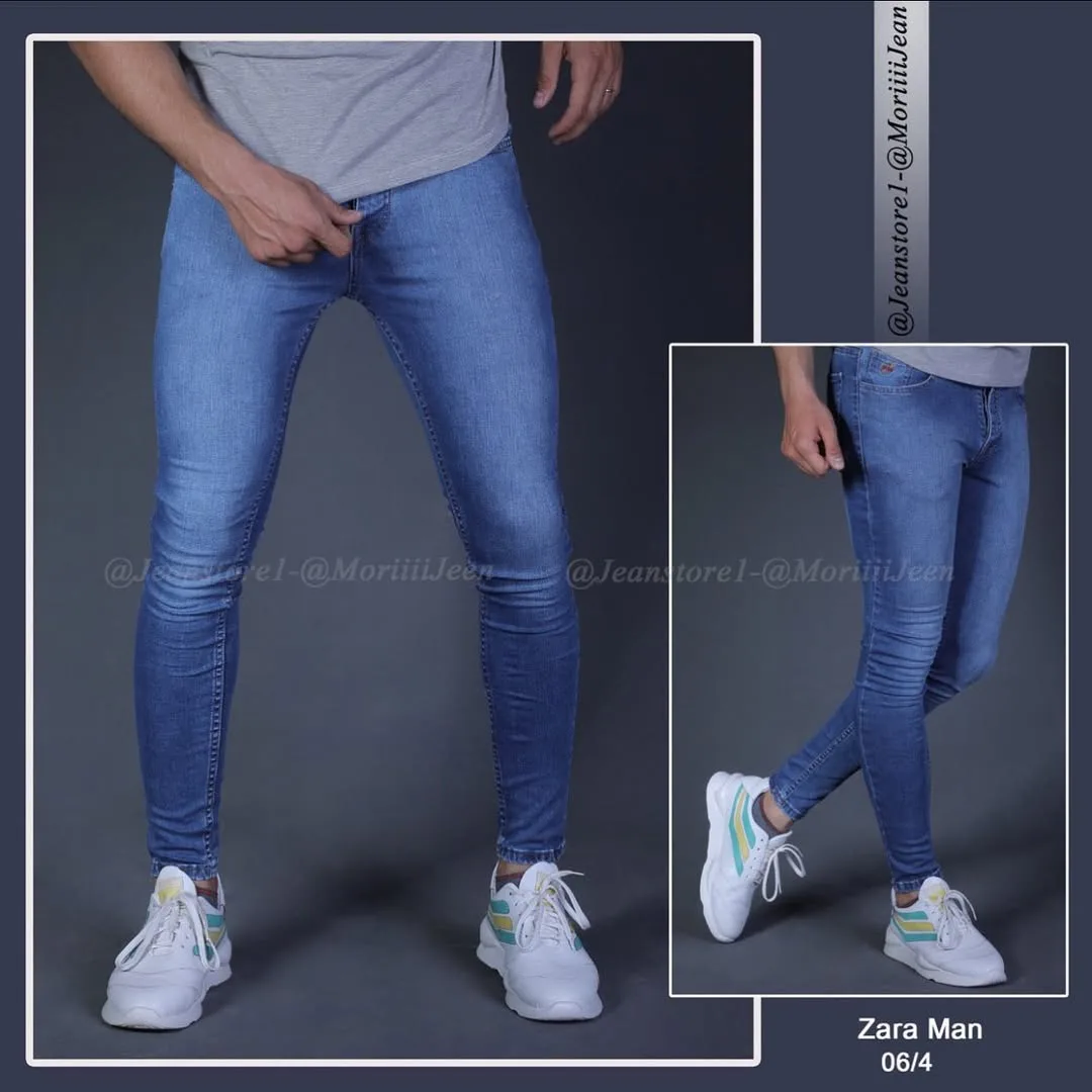 شلوار مردانه، رنگ آبی و خاکستری، جنس جین، جذب، قد تا مچ