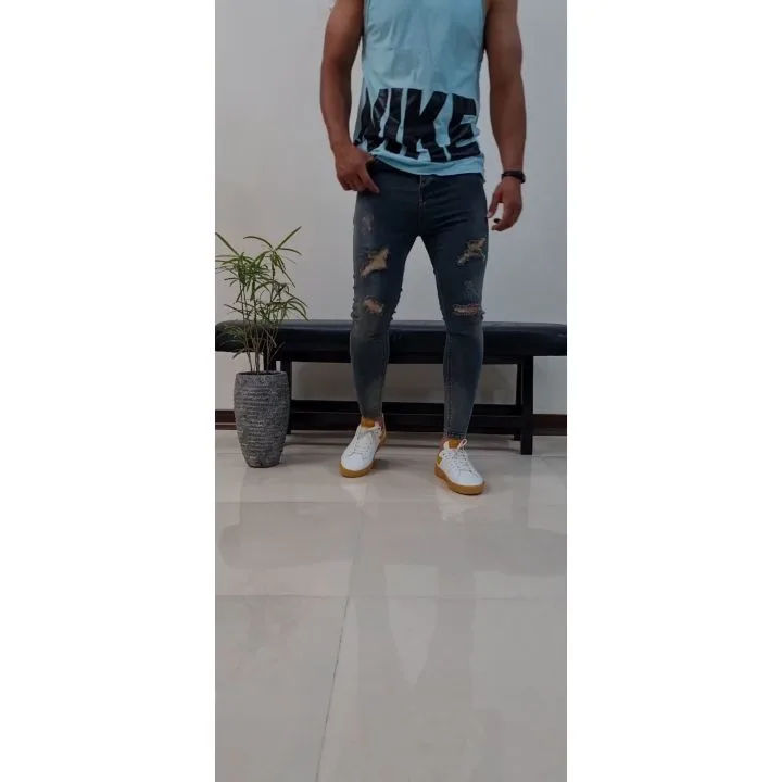 شلوار جین مردانه، رنگ خاکستری، جذب، پاره