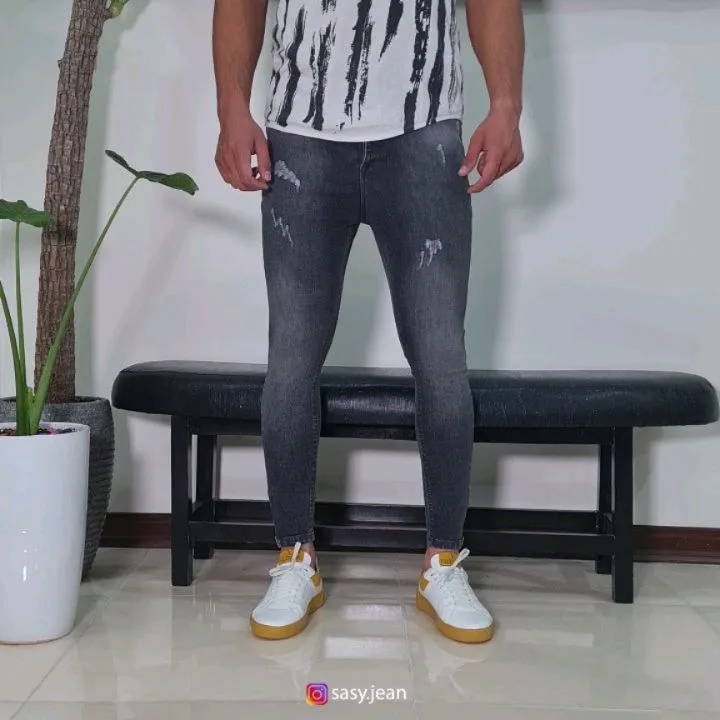 شلوار جین مردانه، رنگ خاکستری، جذب، پاره