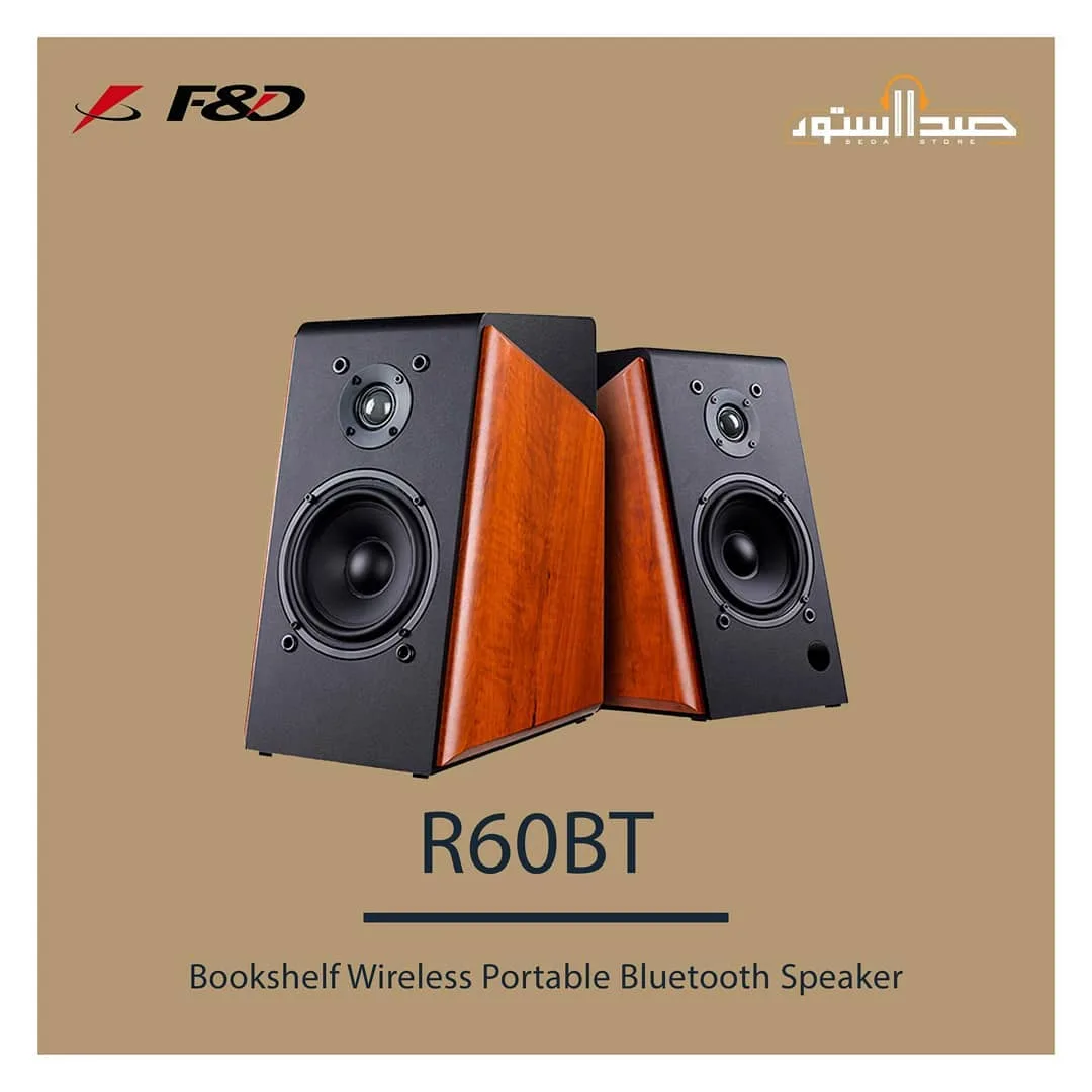 اسپیکر بلوتوثی رومیزی R60BT F&D، رنگ مشکی و قهوه‌ای، جنس چوب و پلاستیک، دو تکه، مدل کتابخانه‌ای