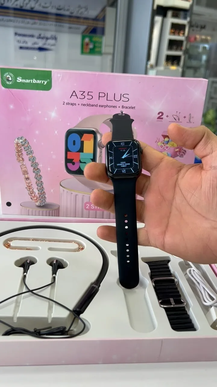 پک ساعت هوشمند A35 Plus با هدست Smartberry، رنگ مشکی، مستطیلی، بند سیلیکونی