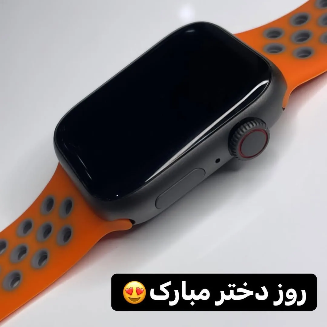 ساعت هوشمند، رنگ مشکی و نارنجی، جنس سیلیکون و فلز، صفحه مربعی، بند سوراخ‌دار