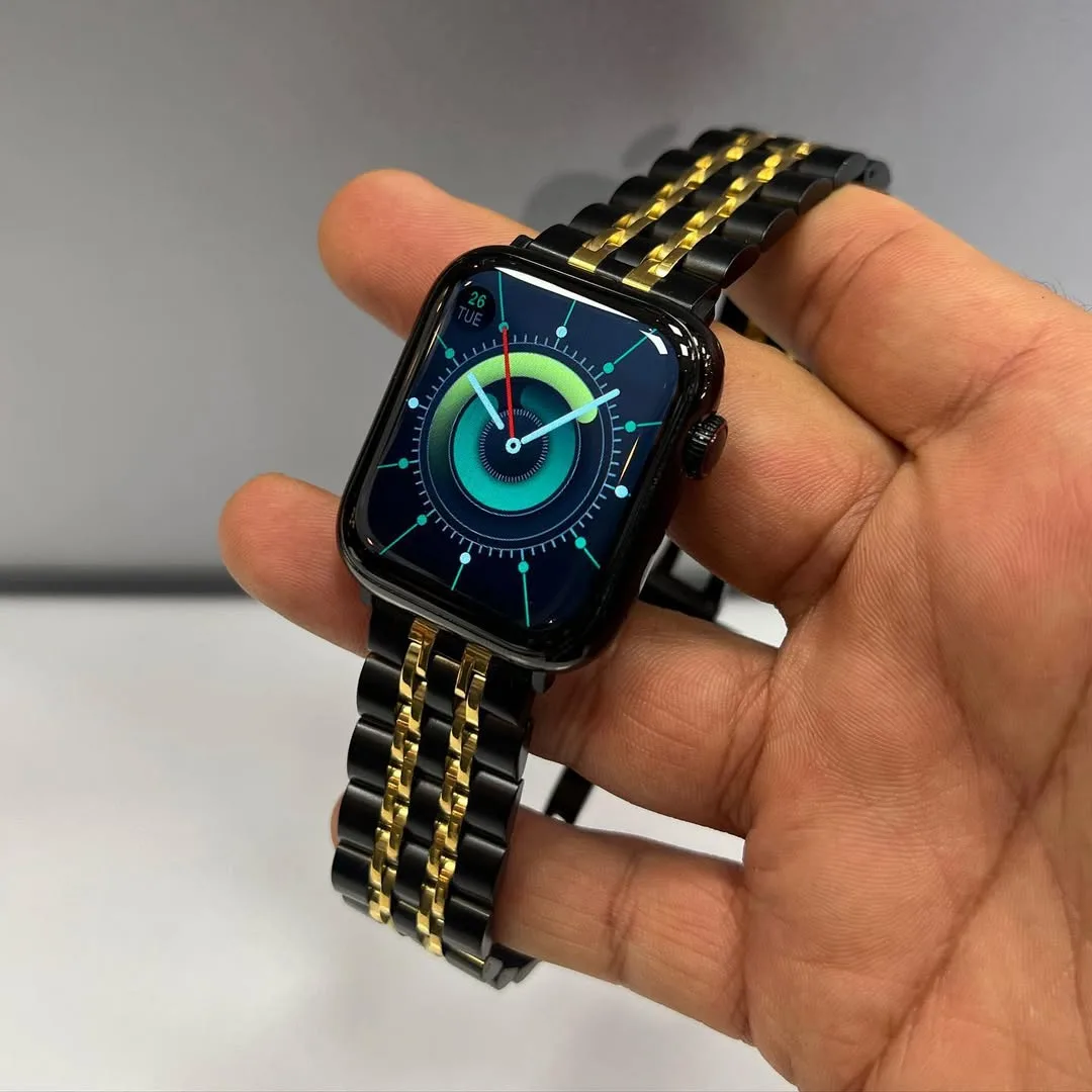 ساعت هوشمند، رنگ مشکی و طلایی، جنس فلز، ساعت هوشمند بند فلزی دو رنگ