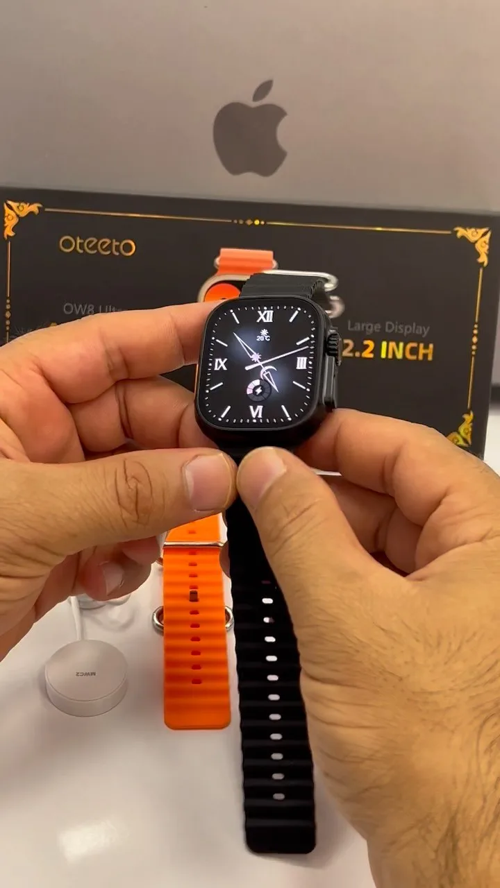 ساعت هوشمند OW8 Ultra امولد، رنگ مشکی و نارنجی، جنس فلز و سیلیکون، مستطیلی با صفحه دیجیتال