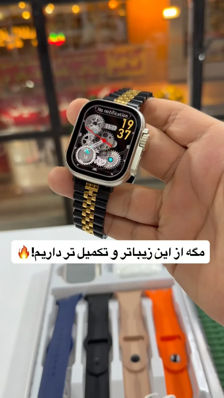 بند رولکسی لاکچری ساعت هوشمند، رنگ سیاه و طلایی، جنس فلز و سیلیکون، مربعی، بند فلزی