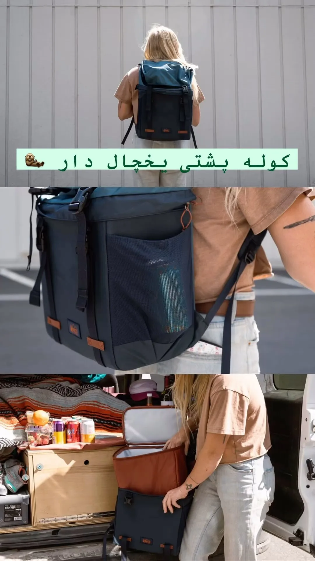 کولهپشتی یخچالدار (کولبگ) REI، رنگ سرمهای، قهوهای و بژ، جنس برزنتی، کولهپشتی دوشی و دستی، بندی
