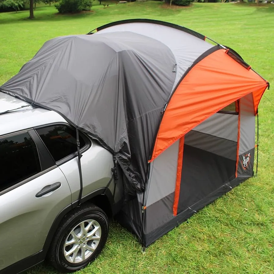 چادر خودرو SUV Tent Rightline Gear، رنگ خاکستری و نارنجی، متصل به ماشین