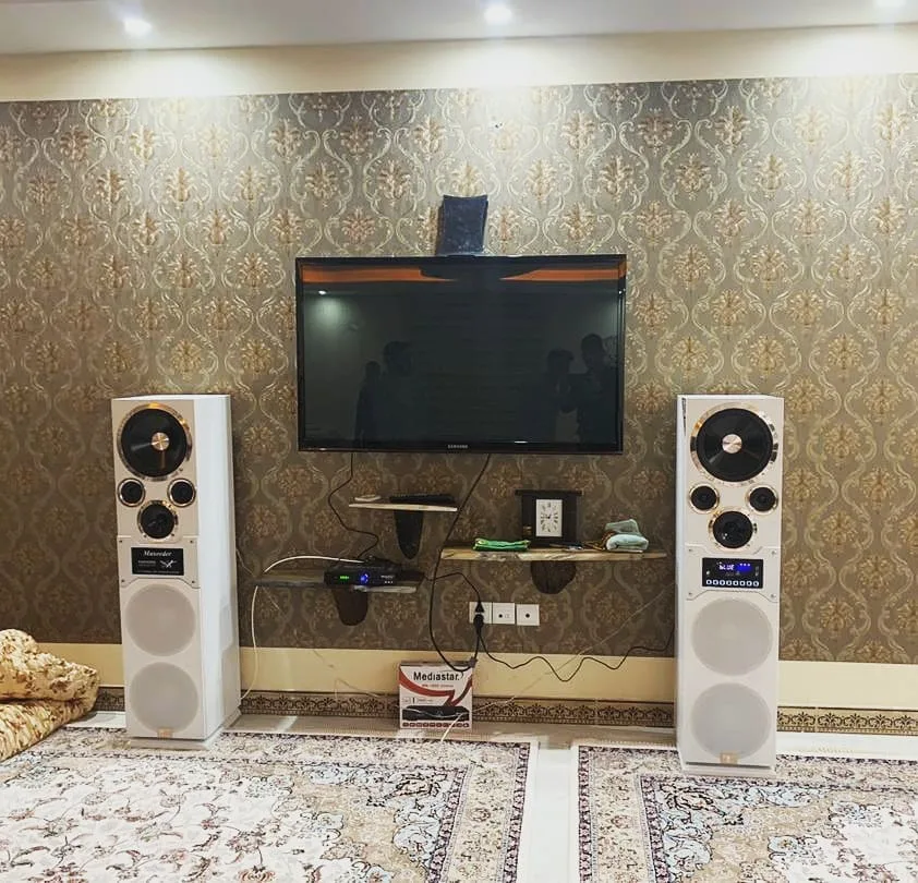 اسپیکر پخش خانگی مکسیدر بدنه چوب، رنگ سفید و طلایی، جنس پلاستیک و فلز، ایستاده، چند ووفر